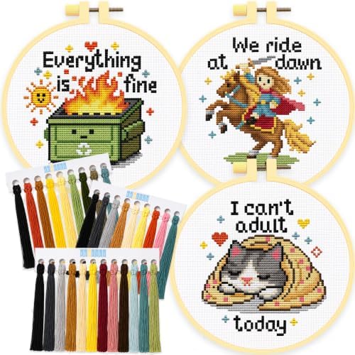 Funny Stamped Cross Stitch Kits for Beginners Adults, 3 Meme Designs, Hoop by Kraftex