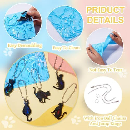1Pcs Cat Holographic Silicone Mold with 20Pcs Iron Ball Chains with Connector 20Pcs Iron Jump Rings Kitten Epoxy Resin Casting Mold for DIY Key Chain Jewelry Making - Image 4