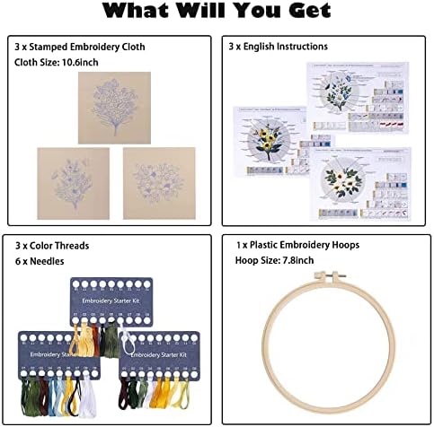 Embroidery Kit for Beginners,Cross Stitch Kits for Adults DIY Craft 3pcs Embroidery Pattern Needlework Fabric Embroidery Thread and Needles 1pcs Embroidery Hoop Adult Stitch Stuff Sewing Kit Gift - Image 3