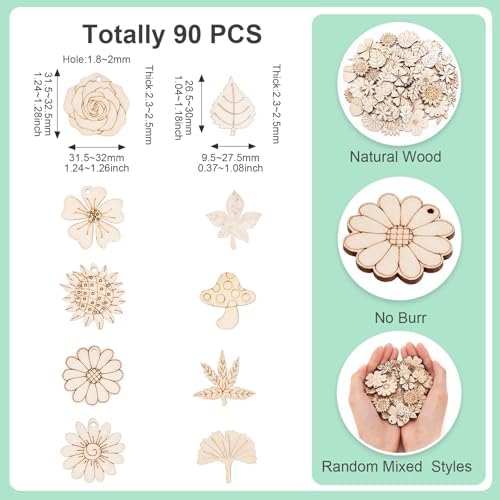 90Pcs Unfinished Wooden Earring Charms Unfinished Wood Cutouts Flower Mushroom Leaf Wood Pieces Wooden Earring Blanks for Painting Crafts Hainging Ornament Home Dercoration - Image 4