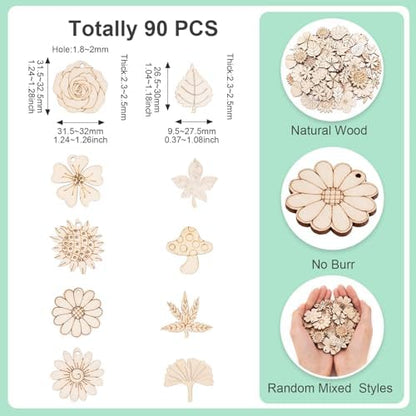 90Pcs Unfinished Wooden Earring Charms Unfinished Wood Cutouts Flower Mushroom Leaf Wood Pieces Wooden Earring Blanks for Painting Crafts Hainging Ornament Home Dercoration - Image 4