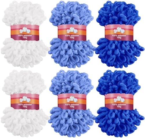 Threlaco 6 Skeins Loops Yarn Bulk Finger Loop Yarn,White, Blue, Dark Blue by Threlaco