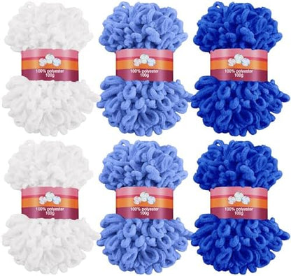 Threlaco 6 Skeins Loops Yarn Bulk Finger Loop Yarn,White, Blue, Dark Blue by Threlaco