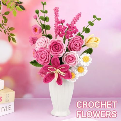 Iuuidu Crochet Kit for Beginners, Rose-Pink Flower Bouquet Crochet Kit - Image 6