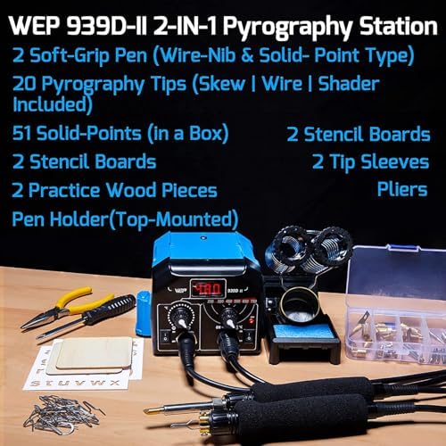 WEP 939D-II 2-IN-1 Wood Burning Kit 86-IN-1 with 51 Solid Points and 20 Wire Nibs Wood Burner with 2 Letter Number Stencils, 2 Unfinished Wood, 1 Pen Holder, Burning Tool - Image 4