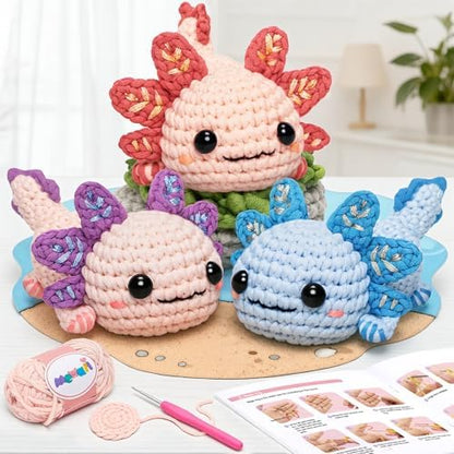 Mewaii Crochet Kit for Beginners, 3 Pack Axolotl Craft Set by Mewaii