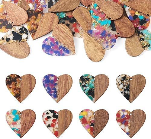 FASHEWELRY 16pc Heart Resin Wood Earrings & Charms - Gold Foil Wooden Earring Blanks & Findings for Jewelry Making by FASHEWELRY