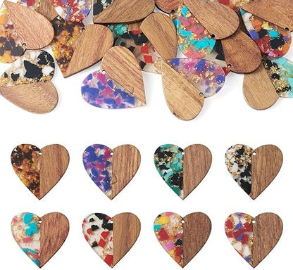 FASHEWELRY 16pc Heart Resin Wood Earrings & Charms - Gold Foil Wooden Earring Blanks & Findings for Jewelry Making by FASHEWELRY