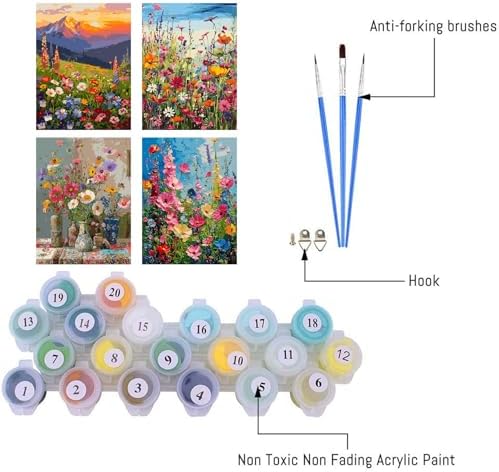 Clendo 4PCS Flowers Paint by Numbers Kit for Adults Beginner, Wild Floral Adult Paint by Number Kits on Canvas, Oil Painting Kit for Beginners Gift Home Wall Decor（12 * 16inch） - Image 3