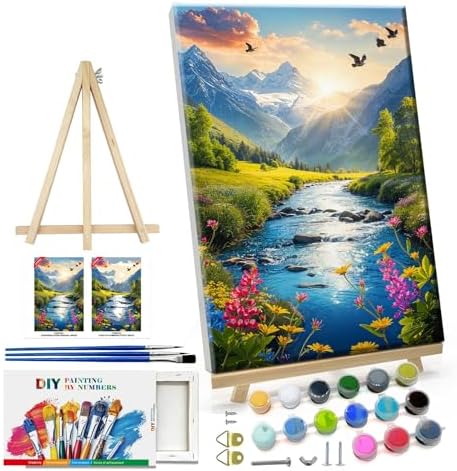 ATDMS Paint by Numbers Kit for Adults with Frame Landscape Paint by Number with Easel Mountain Easy Adult Paint by Number Kits Sunset Paint by Numbers Kit on Canvas for Gift Home Wall Decor 8x12 Inch by ATDMSDIY