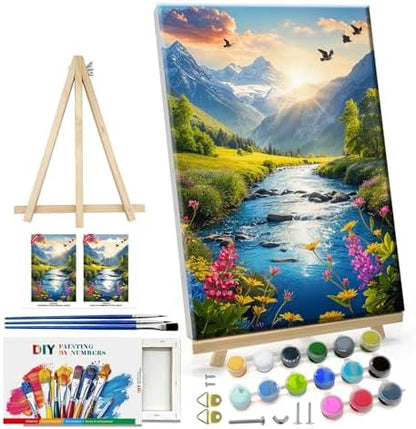 ATDMS Paint by Numbers Kit for Adults with Frame Landscape Paint by Number with Easel Mountain Easy Adult Paint by Number Kits Sunset Paint by Numbers Kit on Canvas for Gift Home Wall Decor 8x12 Inch by ATDMSDIY