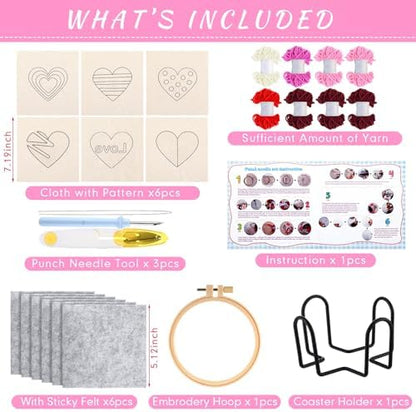 Yaomiao 6 Pcs Valentine's Day Punch Needle Coaster Kit Embroidery Kits Punch Needle Set Craft Supplies with Patterns Yarns Tools Adhesive Felt Embroidery Hoop Instruction Holder for DIY - Image 2