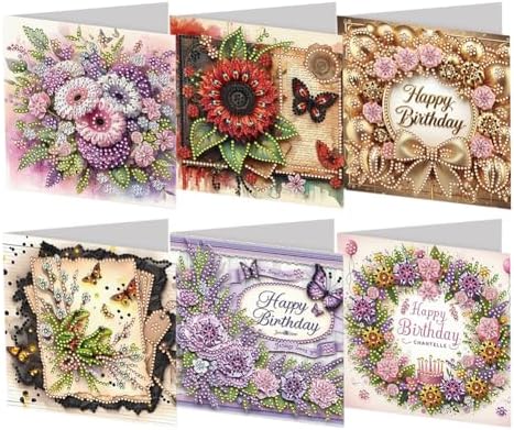 POETRYDRAW 6 Pack 5D DIY Diamond Art Painting Happy Birthday Greeting Card Kit Flower, Diamond Art Christmas Birthday Holiday Greeting Card, Crafts Kit Creative with Envelope by POETRYDRAW