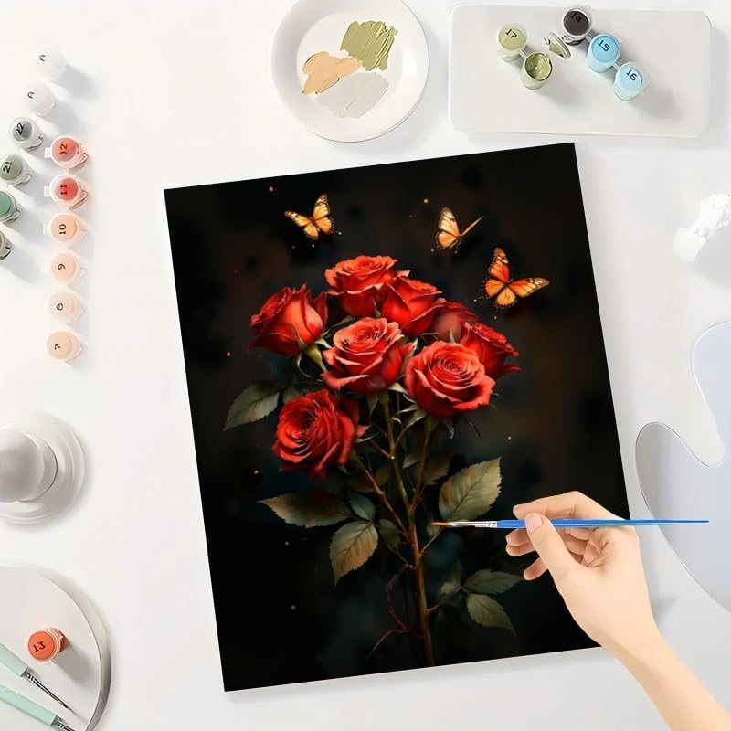 Floral Paint by Numbers Kit for Adults – DIY Red Roses and Butterflies Painting on Canvas 16x20 Inches, Acrylic Paint Set, Suitable for Beginners, Flower Art for Home Decoration or Gifts - Image 3