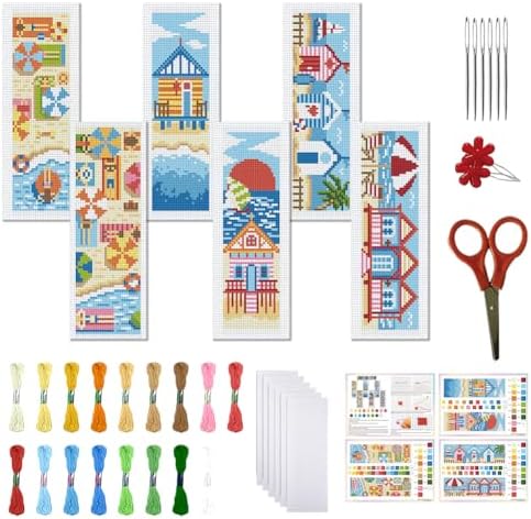 FREEBLOSS 6 Set Cross Stitch Bookmark Kits 8"x2.4" Summer Beach Scenery by FreeandCreativeCraftsArt