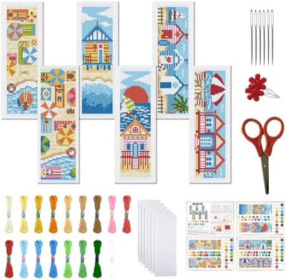 FREEBLOSS 6 Set Cross Stitch Bookmark Kits 8"x2.4" Summer Beach Scenery by FreeandCreativeCraftsArt