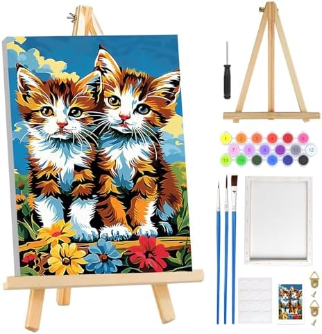 MOGTAA Paint by Numbers Kit for Adults with Frame, Cat Paint by Number Canvas, Flowers Scenery Paint by Numbers with Easel, DIY Animal Oil Painting Kit for Home Wall Decor 8 x 12 Inch by MOGTAADIYHomeDecor