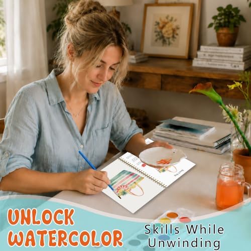 Summer Watercolor Workbook, Water Coloring Book with 12 Different Summer Beach Tropical Plant Coconut Paintings Original Designs, Watercolor Book Set with Palette and Brush, Relaxing Art for Beginners - Image 5