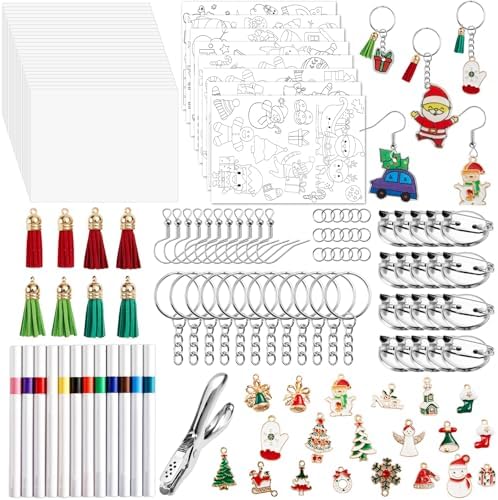 231Pcs Christmas Heat Shrink Plastic Sheet Kit Includes Shrinking Film Art Paper, Hole Punch, Keychains, Ear Hooks, Jump Rings, Tassels, DIY Heat Shrink Art Kit for Adults Creative Craft Marking by Afniimyapt