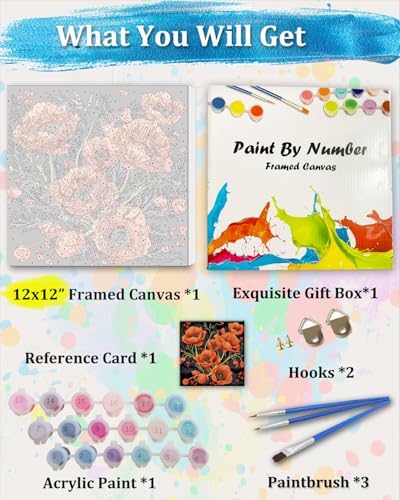 TOCARE Framed Paint by Numbers Kit for Adults Beginners, 12x12inch Red Poppy Paint by Number with Frame,Easy Flowers Paint by Numbers Framed Canvas (Without Easel) - Image 3