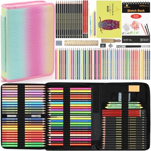78pcs Drawing Kit Sketching Set Art Supplies with 3-Color Sketchbook Colorful Portable Case Colored Graphite Charcoal Watercolor Mettallic Pencil sketch draw gift set for Artist Adult Beginner by Heshengping
