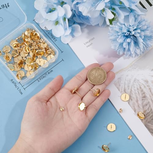 Beebeecraft 1 Box 50Pcs Earring Bezels Trays 18K Gold Plated Blanks Round Cabochon Prong Post Settings Stud Earring Findings with 10mm Tray and 50Pcs Earring Backs for Earring Jewelry Making - Image 3