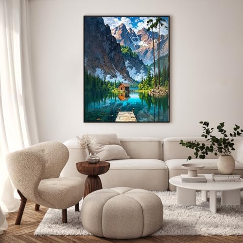 GEEHEIY Paint by Numbers Kit for Adults, Mountain Lake Cabin, 16 x 20 Inch - Image 2