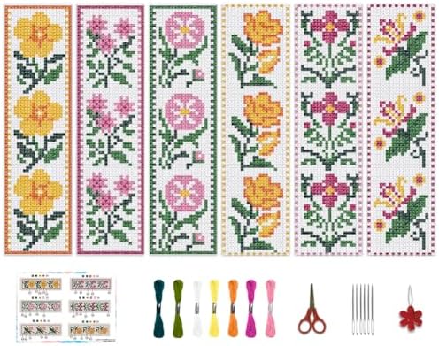 BEUNITONE Cross Stitch Bookmark Kit 6 Pcs Flower DIY Bookmarks Cross Stitch Kits for Adults Beginners with Instructions Cute Pre-Sorted Floss Cross-Stitch Stamped Embroidery Kit for Gifts 8''x2.4'' by BEUNITONE