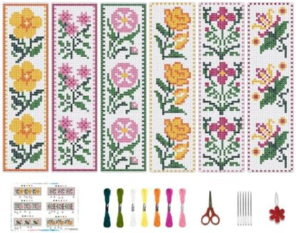 BEUNITONE Cross Stitch Bookmark Kit 6 Pcs Flower DIY Bookmarks Cross Stitch Kits for Adults Beginners with Instructions Cute Pre-Sorted Floss Cross-Stitch Stamped Embroidery Kit for Gifts 8''x2.4'' by BEUNITONE