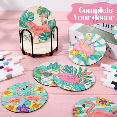 Reallnaive 45 Pcs Flamingo Wooden Coasters Painting Kit, 4 Inch Paint Your Own Summer Coasters with Markers, Summer Arts and Crafts for Adults Women Seniors Elderly Crafters - Image 6