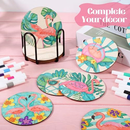 Reallnaive 45 Pcs Flamingo Wooden Coasters Painting Kit, 4 Inch Paint Your Own Summer Coasters with Markers, Summer Arts and Crafts for Adults Women Seniors Elderly Crafters - Image 6