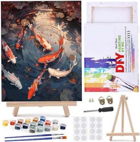MaiMMaledy Paint by Numbers Kit for Adults Beginners 8Wx12L inch Canvas Pictures with Framed Drawing Painting Works with Wooden Triangle Easel Acrylic Pigment Good Luck Koi by MaiMMaledy