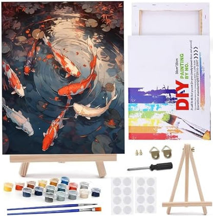 MaiMMaledy Paint by Numbers Kit for Adults Beginners 8Wx12L inch Canvas Pictures with Framed Drawing Painting Works with Wooden Triangle Easel Acrylic Pigment Good Luck Koi by MaiMMaledy