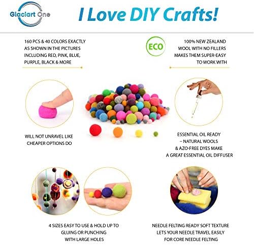 Glaciart One Felt Pom Poms, Wool Balls (160 Pcs) 4 Sizes: 1 cm, 1.5 cm, 2 cm & 2.5 cm, Handmade Felted 40 Color (Red, Pink, Blue, Yellow, White, Pastel & More),Bulk Small Puff for Felting & Garland - Image 2