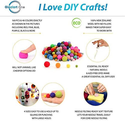 Glaciart One Felt Pom Poms, Wool Balls (160 Pcs) 4 Sizes: 1 cm, 1.5 cm, 2 cm & 2.5 cm, Handmade Felted 40 Color (Red, Pink, Blue, Yellow, White, Pastel & More),Bulk Small Puff for Felting & Garland - Image 2