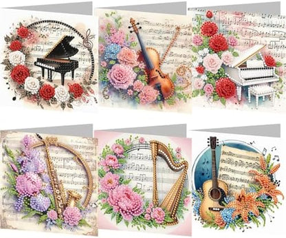jinglinhh 6pcs Diamond Art Painting Piano Flower Guitar Greeting Cards with Envelopes, DIY Card Making Kits for Adults, Diamond Art Postcards Holiday Cards Craft Gifts by Unknown
