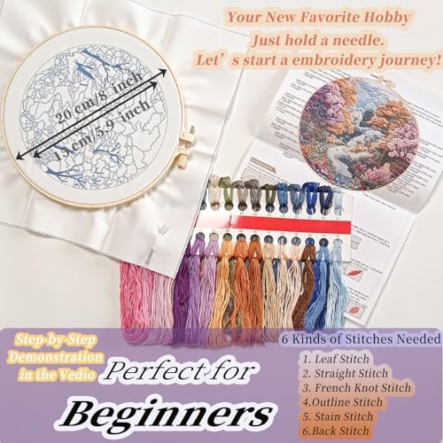 FONNUY Embroidery Kit for Beginners, Boho Nature Landscape Pre-Stamped Pattern Kits for Adults with Hoop, Easy to Follow Color Thread Needlework, 8'' Hoop (Late Spring) - Image 3