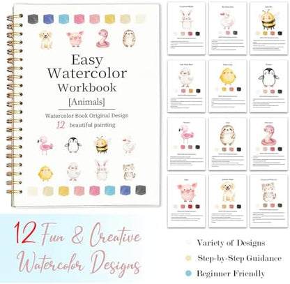 Easy Watercolor Workbook for Beginners - 12 Beautiful Step-by-Step Paintings Water Coloring Book, Includes 18 Water Colors, Relaxing Art Projects and Creative Gift for Adults & Teen (Animals) - Image 7