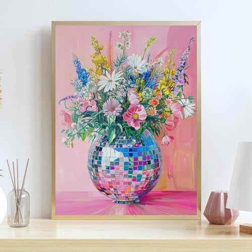 Lzyueyuan Flowers Stamped Cross Stitch Kits for Adults Beginner, Disco Ball Cross Stitch Ornament Kits Counted Embroidery Needlepoint Kits Home Decor 11.8X15.7inch - Image 5