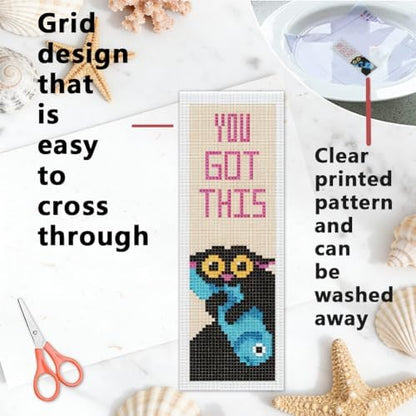 INFUNLY 6 Pcs Cat Quotes Stamped Embroidery Bookmark 8.5x3 inch Cartoon Kitten Stamped Cross Stitch Kit for Adults DIY Reading Quote Stitch Bookmarks Kit for Readers Writers Craft Gift - Image 3