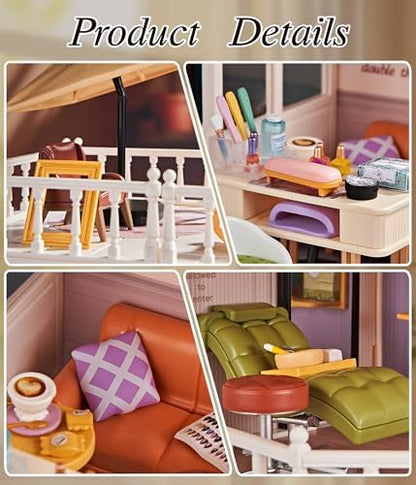 2-Story Loft Beauty Salon Kit, LED Light DIY Miniature House for Adults with Makeup Table Nail Station SPA Chair Balcony, Collectible Plastic Beauty Studio Model, Home Decor Gift for Women - Image 3