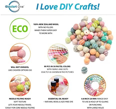 Glaciart One Felt Pom Poms, Wool Felt Balls with Swirls & Dots (90 Pieces) 2 cm – 0.8 Inch, Handmade Felted 30 Color Pastel Bulk Small Puff for Felting and Garland - Image 2