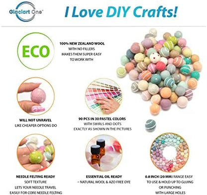 Glaciart One Felt Pom Poms, Wool Felt Balls with Swirls & Dots (90 Pieces) 2 cm – 0.8 Inch, Handmade Felted 30 Color Pastel Bulk Small Puff for Felting and Garland - Image 2