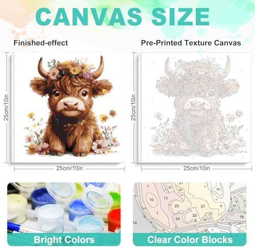GEEHEIY Framed Paint by Numbers Kit for Adults, Highland Cow, 10 x 10 Inch - Image 3
