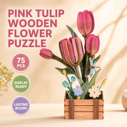Evankin 3D Wooden Pink Tulip Puzzle Kit, DIY Bouquet Model - Image 2