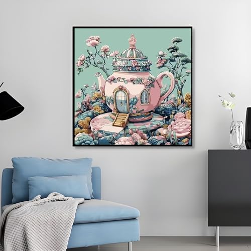 Paint by Numbers Kit for Adults Beginners, Teapot House Adult Paintby Number Kits On Canvas, DIY Acrylic Watercolor Oil ColorfulPainting by Number for Adults Without Frame for Home Decor 16 x16 Inch - Image 2