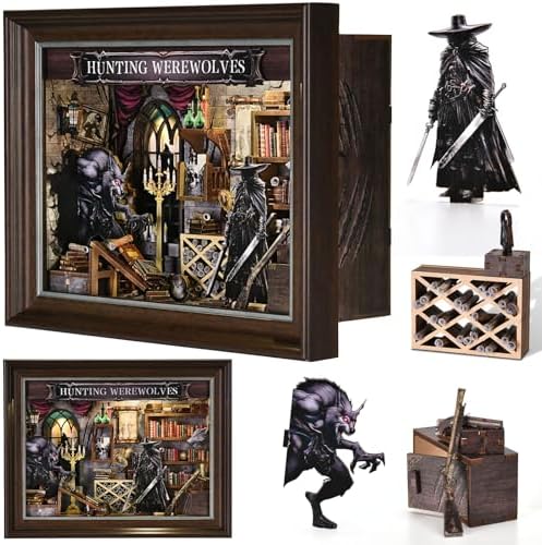 Book Nook Kit-3D Wooden Puzzle with LED Touch Control & Wall-Mountable Frame,DIY Miniature House for Beginners,Bookshelf/Tabletop/Wall Decor for Craft Lovers,Dollhouse Gift,Hunting Werewolves - Image 2