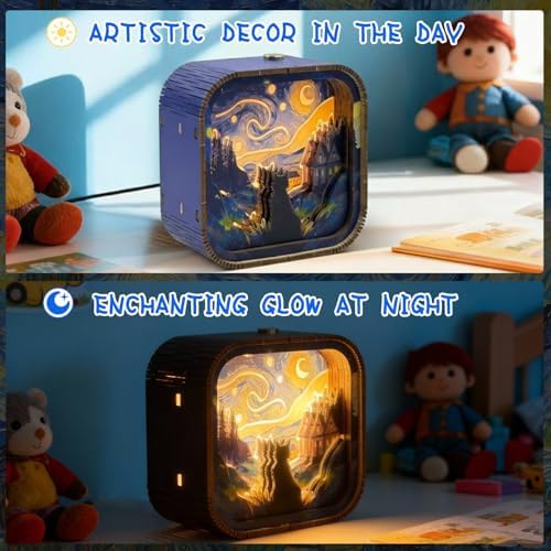 3D Wooden Puzzle Night Light DIY LED Art Lamp Kit for Adults Desk Decor Relaxing Craft Project Table Ornament and Unique Gift (Starry Cat) - Image 3