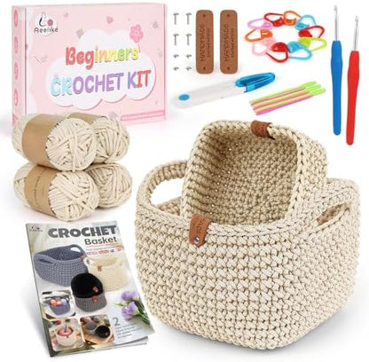 27PCS Crochet Basket Kit for Beginners,Beige Square Basket,Gift Box Package by Aeelikescrochetworld