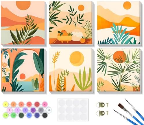 Bowetile 6 Pack Framed Paint by Numbers Kit for Adults Beginner, Landscape Adults' Paint-by-Number Kits on Canvas, Easy Acrylic Number Painting Kits for Adults Home Decor Gifts, 8x8in by BOWETILE